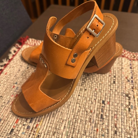 BARBARA BARBIERI Anthropologie Tan Leather Buckle 3” Boho Open-Toe Heels 8 - Picture 1 of 6